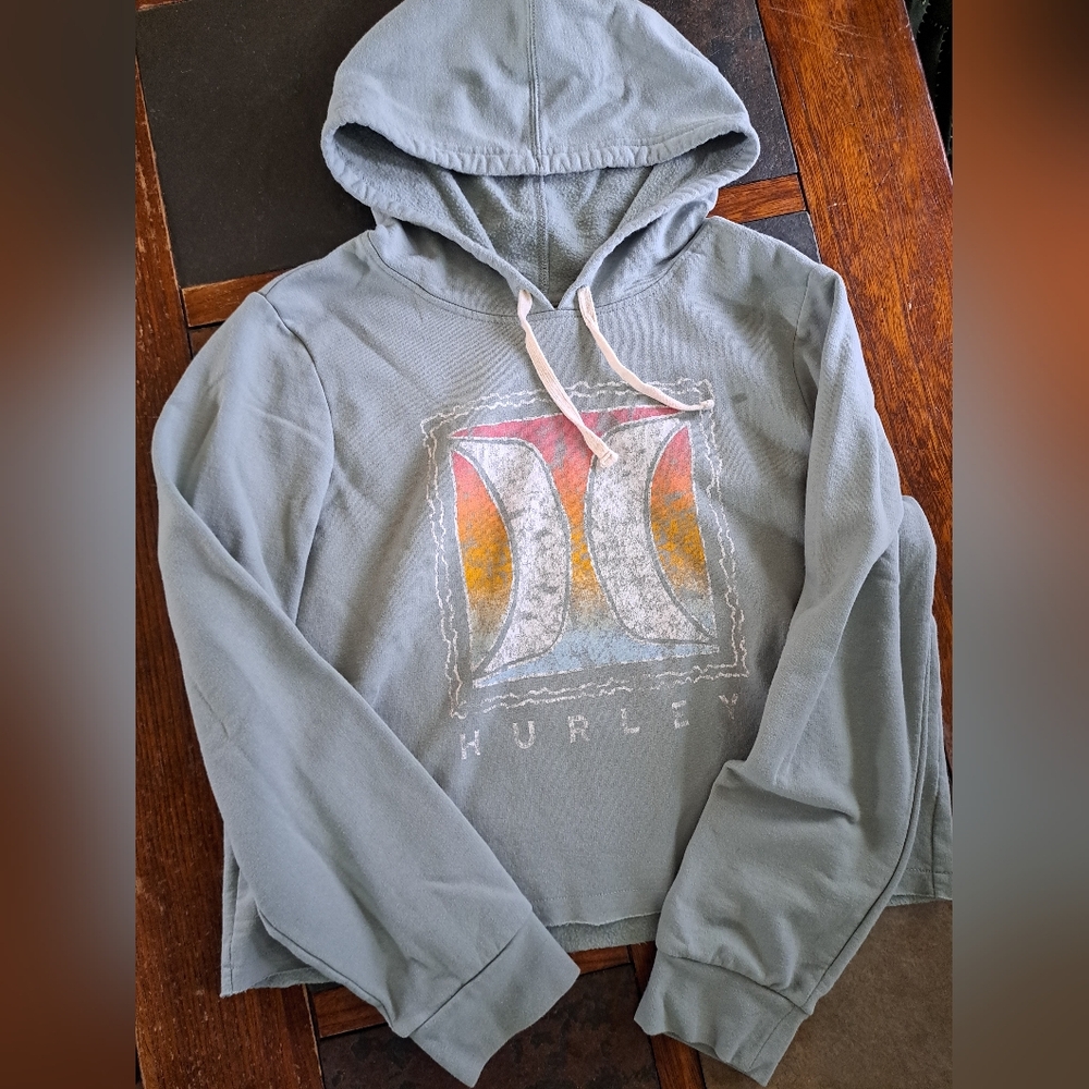 Hurley Cropped Light Blue/ Turqouise Hooded Sweatshirt - Size XL